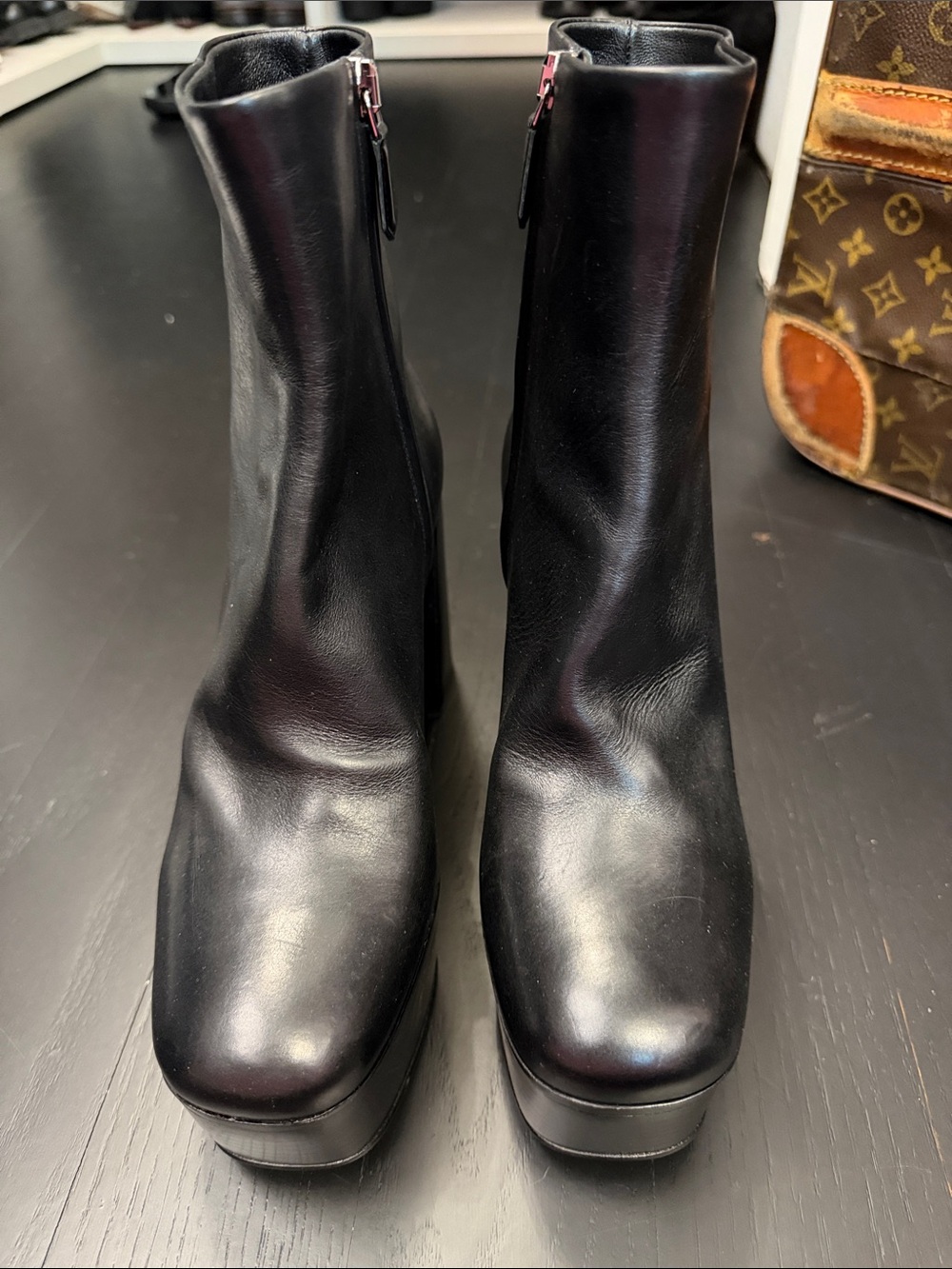 Prada Black Leather Platform Ankle Boots - Picture 2 of 4